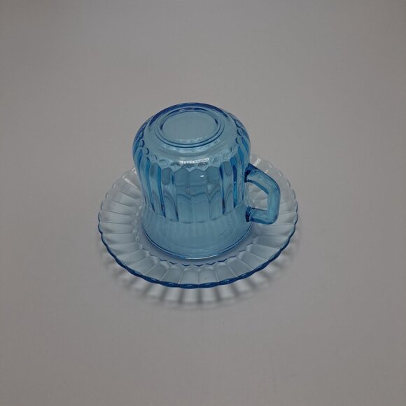 Fortecrisa Mexico Ice Azure Blue Ribbed Glass Cup & Saucer Set - Picture 7 of 11